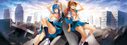 2girls arms_up asuka_langley_sohryu bandage bandages between_breasts blue_eyes blue_hair breasts clothes clothes_between_breasts clothing cloud female female_only footwear hair hand_on_head highres joe_sage kneehighs large_breasts legs long_hair long_image medium_breasts multiple_girls neon_genesis_evangelion nipples no_bra off_shoulder open_clothes open_shirt orange_hair outdoors red_eyes rei_ayanami ribbon ruins sage_joh school_uniform serafuku shirt shoes short_hair skirt sky socks wallpaper wide_image