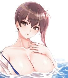 bare_shoulders breasts brown_eyes brown_hair cleavage cocq_taichou collarbone commentary_request expressionless female hair_between_eyes hand_on_own_chest japanese_clothes kaga_(kantai_collection) kantai_collection kimono large_breasts long_hair looking_at_viewer no_bra off_shoulder side_ponytail simple_background solo water wet white_background white_kimono