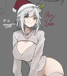 1girls alternate_breast_size animal_ears arknights boob_window cat_ears catgirl christmas christmas_headwear cleavage cleavage_cutout english_text female female_focus female_only green_eyes kal'tsit_(arknights) keyhole_turtleneck large_breasts light-skinned_female light_skin looking_at_viewer no_panties nuggetkouhai short_hair smile smiling smiling_at_viewer solo sweater tagme text thick_thighs thighhighs white_hair