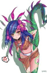 1girls blue_hair breasts chameleon_humanoid cleavage clothed clothing female flower flower_in_hair girl league_of_legends midriff necklace neeko panties pink_hair question_mark riot_games shadow shorts slit_pupils tail thigh_gap thighs yellow_eyes