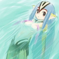 1girls blue_submarine_no._6 breasts female grey_hair humanoid kemono long_hair lowres marine monster_girl mutio nipples nude pointy_ears red_eyes therianthrope water yellow_skin