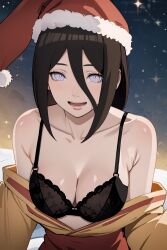 1girls ai_generated blush boruto:_naruto_next_generations bra breasts_out brown_hair christmas christmas_headwear costemania curvaceous curvy curvy_body curvy_female curvy_figure facing_viewer female female_only front_view headwear huge_breasts hyuuga_hanabi kimono large_breasts light-skinned_female light_skin looking_at_viewer nai_diffusion naruto naruto_(series) open_clothes oppai petite presenting presenting_breasts santa_hat smile solo solo_focus stable_diffusion underwear violet_eyes