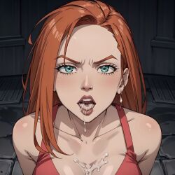 1girls after_fellatio after_oral ai_generated arbitrary atom_eve cleavage cum cum_dripping_from_mouth cum_in_mouth cum_on_breasts ginger green_eyes hi_res invincible looking_at_viewer open_mouth orange_hair stable_diffusion tongue_out