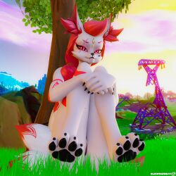 1:1 3d 3d_(artwork) absurd_res anthro blender_(software) blender_eevee canid canine digital_media_(artwork) elisasharky_(artist) epic_games female fortnite fox genitals grass hi_res holding_both_legs huge_filesize kimiko_(fortnite) kimiko_five_tails looking_at_viewer mammal multi_tail outdoor_nudity outside pawpads paws plant presenting pussy raised_paw sitting solo tail