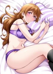 1girls ass black_legwear blush bra breasts brown_hair clothing female heavy_blush hugging_pillow konoe_kanata legs_together lingerie long_hair love_live! love_live!_nijigasaki_high_school_idol_club lying_on_bed lying_on_side matching_underwear medium_breasts naughty_face naughty_smile off_shoulder panties pillow purple_bra purple_lingerie purple_panties thick_thighs wide_hips yopparai_oni