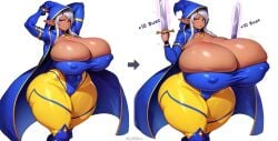 ai_generated breast_expansion breast_growth cameltoe cursed_item dark-skinned_female elf_ears gigantic_breasts huge_breasts hyper_breasts iladiesart massive_breasts pink_eyes thick_thighs