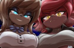 2girls blue_eyes clothed clothed_female fexa five_nights_at_freddy's foxy_(cally3d) foxy_(fnaf) freddy_(fnaf) fredina's_nightclub fredina_(cally3d) frenni_fazclaire furry looking_at_viewer powpill smile yellow_eyes