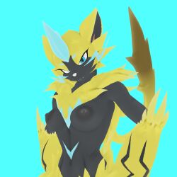 1:1 3d_(artwork) absurd_res anthro black_body breasts digital_media_(artwork) felid feline female female_pokemon generation_7_pokemon hi_res legendary_pokemon looking_at_viewer mammal multicolored_body nintendo nipples one_01 pokemon pokemon_(species) solo yellow_body zeraora