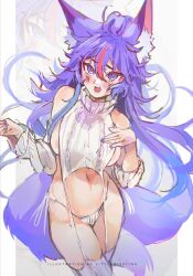 1girls animal_ears belly_button blush breasts clothes clothing female female_only fox_ears fox_girl fox_tails huge_breasts indie_virtual_youtuber light-skinned_female light_skin littlemisstina_(artist) littlemisstina_(vtuber) monster_girl multiple_tails oerba_yun_fang open_mouth purple_eyes purple_hair purple_nails revealing_clothes sideboob skimpy_clothes solo sweater tail tails thick_eyebrows virgin_destroyer_sweater virtual_youtuber