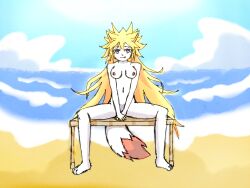 absurd_res anthro beach blonde_hair breasts canid canine chair covered_pussy exposed_breasts female female/female fox fox_ears fox_tail furniture hair hi_res licking licking_lips long_hair mammal nude on_chair purple_eyes ryuren_amasakura seaside simple_background sitting sitting_on_chair solo spiky_hair spread_legs spreading tongue tongue_out white_body yegarr