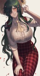 50x48x48 ascot asymmetrical_bangs breasts collared_shirt female flower green_hair hat highres kazami_yuuka large_breasts long_hair long_skirt long_sleeves one_eye_covered pants plaid plaid_skirt plaid_vest red_eyes red_skirt red_vest shirt skirt skirt_set smile solo straw_hat sunflower touhou touhou_(pc-98) vest white_shirt yellow_ascot yuka_kazami