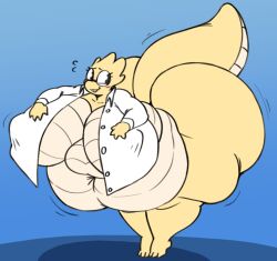 2019 absurd_res alphys angstrom anthro ass belly belly_overhang bent_over big_belly big_breasts big_butt big_tail biped black_eyes blush bottomless breasts buckteeth clothed clothing coat deep_navel digital_media_(artwork) eyelashes eyewear female glasses hanging_belly hi_res huge_breasts huge_butt huge_hips huge_thighs hyper hyper_belly hyper_breasts hyper_butt hyper_hips ineffective_clothing lab_coat looking_at_self looking_back morbidly_obese morbidly_obese_anthro morbidly_obese_female navel nipple_outline non-mammal_breasts obese obese_anthro obese_female overweight overweight_anthro overweight_female partially_clothed reptile scales scalie smile solo standing tail teeth thick_tail thick_thighs topwear undertale undertale_(series) undone_shirt wide_hips yellow_body yellow_scales