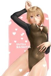 blonde_hair blush cleavage female female_only fully_clothed kilye_4421 looking_at_viewer meaty_thighs medium_breasts short_hair tight_clothing