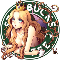 1girls big_breasts blonde_hair breasts censor_hair censored cleavage coffee convenient_censoring crossed_arms crown cup female hair_over_breasts kayu long_hair mascot mermaid monster_girl nudity product_placement starbucks starbucks_siren topless