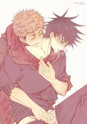 2boys black_hair blushing fushiguro_megumi gay green_eyes handjob itadori_yuuji itafushi jujutsu_kaisen kiss_marks kissing_neck male/male more_at_source pink_hair scar scar_on_face school_uniform sweating tagme veins white_background yaoi