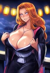 1female 1girls black_kimono bleach blue_eyes blush breasts chain_necklace cleavage female female_focus female_only huge_breasts iahfy japanese_clothes kimono long_hair looking_at_viewer matsumoto_rangiku mole mole_on_breast mole_under_mouth necklace no_bra orange_hair pink_scarf scarf solo solo_female teasing voluptuous