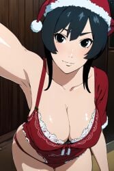 1girls adapted_costume ai_generated alternate_hairstyle big_breasts black_eyes black_hair blunt_bangs boruto:_naruto_next_generations bra breasts center_opening christmas christmas_clothing christmas_headwear christmas_outfit cleavage costemania dress female female_only fur_trim headwear kurotsuchi light-skinned_female light_skin lingerie long_hair looking_at_viewer mature mature_female nai_diffusion naruto naruto_(series) pale-skinned_female pale_skin panties petite presenting presenting_breasts revealing_clothes santa_hat selfie single_sleeve smile smiling smiling_at_viewer solo solo_focus stable_diffusion taking_selfie upper_body