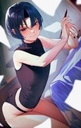 ass blue_eyes blue_hair blush breasts female highres hiodoshi_ao hololive hololive_dev_is hololive_regloss looking_at_viewer mole mole_under_mouth nail_polish panties parted_bangs rat_huang shirt short_hair smile solo sweat tomboy underwear virtual_youtuber