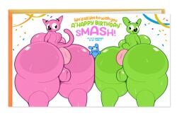 anthro anthro_on_anthro anus ass ass_to_ass big_breasts big_butt birthday blue_body bodily_fluids breasts bullying butts_touching confetti cricetid crush dogslickingsoda domestic_cat english_text felid feline felis female genitals green_body group hallmark hamster happy_birthday hoops_&_yoyo hoops_(hoops_&_yoyo) huge_butt hyper hyper_butt lagomorph leporid male male/female mammal nude piddles_(hoops_and_yoyo) pink_body puffy_anus pussy rabbit rodent smile standing streamers sweat tail text thick_thighs trio yoyo_(hoops_&_yoyo)