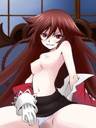 alice_(pandora_hearts) bare_shoulders blush braid breasts brown_hair censored gloves navel nipples no_bra pandora_hearts panties panties_aside rutarou small_breasts smile underwear