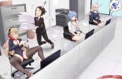 4girls absurdres accident ahoge alternate_costume badge black_choker black_hairband black_necktie blue_eyes blue_hair blue_shirt braid breasts brown_eyes brown_hair choker cleavage clumsy commission corrin_(female)_(fire_emblem) corrin_(fire_emblem) cubicle feather_hair female female_only file_cabinet fire_emblem fire_emblem:_three_houses fire_emblem_awakening fire_emblem_fates fujoshi hairband heart heart_in_eye highleg highleg_leotard highres igni_tion implied_pornography indoors inner_thighs keyboard_(computer) lanyard leotard long_hair long_sleeves low_twin_braids low_twintails marianne_von_edmund mars_symbol monitor multiple_girls necktie nina_(fire_emblem) nintendo noire_(fire_emblem) office office_lady paper_stack parted_bangs printer shirt suit symbol_in_eye talking_on_phone tripping twin_braids twintails white_hair