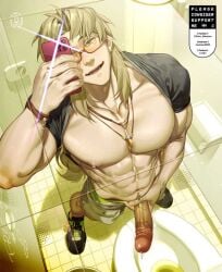 1boy abs bara bathroom bathroom_selfie bathroom_stall big_penis blonde_hair blush chiizu_namasu chiron_(fate) fate/apocrypha fate/grand_order fate_(series) glory_hole graffiti green_eyes human human_only implied_pee long_hair male male_masturbation male_only masturbation muscles muscular muscular_male pants pants_down pecs peeing peeing_into_toilet phone precum pubic_hair public public_masturbation public_restroom selfie shirt_lift shirt_over_head solo thick_penis toilet_pee urine veins veins_on_dick veiny_arms veiny_muscles veiny_penis wall_writing yaoi