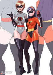 2girls armwear big_breasts clothing disney elastigirl eyewear female female_only footwear handwear helen_parr high_heel_boots high_heels invisible_girl legwear long_hair mask mother_and_daughter multiple_girls pixar revealing_clothes shiny_clothes short_hair stiletto_heels straight_hair superheroine tekuho the_incredibles the_incredibles_2 thighhigh_boots thighhighs tight_clothing very_high_heels violet_parr white_background zoom_layer