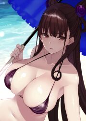 bad_id bad_twitter_id bare_shoulders bikini blush breasts brown_hair cleavage cocq_taichou collarbone cone_hair_bun day double_bun fate/grand_order fate_(series) female frilled_umbrella frills hair_bun large_breasts long_hair looking_at_viewer murasaki_shikibu_(fate) navel purple_bikini solo swimsuit two_side_up umbrella very_long_hair