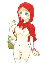 basket blonde_hair blue_eyes bottle bottomless bracelet flower little_red_riding_hood naked_hood stockings tagme topless