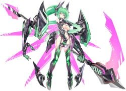 1girls bare_shoulders big_breasts black_footwear black_gloves black_thighhighs boots breasts busty cleavage dark_persona elbow_gloves female_focus floating full_body gloves goddess green_hair green_heart green_heart_(chaos_form) green_heart_(neptunia) groin hair_between_eyes hair_intakes half-closed_eyes hand_up headgear highres holding holding_weapon large_breasts legs_apart long_hair looking_at_viewer machinery navel neptunia_(series) official_art parted_lips ponytail power_symbol purple_eyes revealing_clothes sabaku_no_tanuki scythe seductive_smile sensual shiny_skin simple_background smile solo standing stomach symbol-shaped_pupils tattoo thighhighs underboob vert very_long_hair voluptuous weapon_on_shoulder