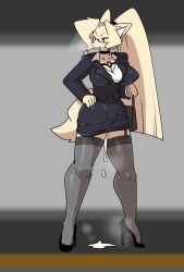 after_sex blue_eyes choker cum cum_between_legs cum_dripping cum_dripping_out_of_pussy frowning furry glasses high_heels huge_breasts milf nonude sensei_rei sumida_yubune tagme teacher teacher_outfit thick_thighs