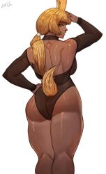 1girls 2023 armwear ass blonde_hair bunny_ears bunny_girl bunny_tail dark-skinned_female dark_skin female female_only final_fantasy final_fantasy_xiv gelldraws leotard long_hair looking_at_viewer looking_back looking_back_at_viewer rear_view safran solo thick_thighs tied_hair viera white_background yellow_eyes