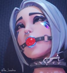 1girls 3d angel ark_(fortnite) ball_gag bdsm_gear blender blue_lipstick blue_makeup bondage close-up epic_games face_closeup face_focus female female_focus female_only fortnite fortnite:_battle_royale hi_res highres laying_down lewdrex light-skinned_female light_skin makeup nose_piercing solo watermark white_hair