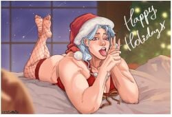 1girls christmas dorohedoro fishnet_stockings fishnets happy_holidays laying_on_bed noi_(dorohedoro) on_stomach pierced_ears pink_eyes red_lingerie sand_circles santa_hat tongue_out twitter_username white_hair