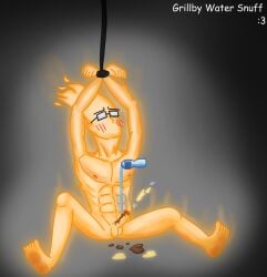 1boy 2d bondage cock_and_ball_torture cum doodle floating_water_bottle genital_mutilation grillby humanoid male male_only muscular_male naked naked_male penis solo tagme undertale undertale_(series) water water_bottle