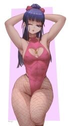 1girls armpits boots breasts choker cleavage_cutout female female_only fishnet fishnets heart_cutout kikunojo leotard lipstick long_hair necklace nipple_bulge noaqin one_piece original presenting purple_eyes purple_hair small_breasts solo thick_thighs voluptuous