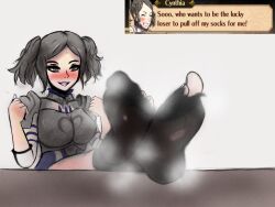 1girls armor bare_thighs blush breasts crossed_legs cynthia_(fire_emblem) english feet feet_on_table female female_only fire_emblem fire_emblem_awakening foot_fetish foot_focus grey_eyes grey_hair jyo legs_up medium_breasts musk nintendo open_mouth short_hair smell smelly_feet smile socks solo steamy_feet table text thighs twintails