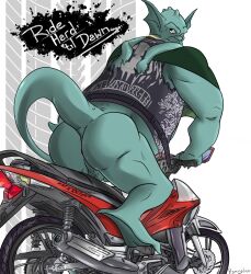 anus ass balls biker bottomless broadway_(gargoyles) clothed clothing disney english_text feet flamingbeaver gargoyle gargoyles genitals hi_res looking_at_viewer male male_only membrane_(anatomy) membranous_wings motorcycle overweight penis solo talons text toes vehicle wings