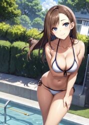 1girls ai_generated blue_eyes brown_hair classroom_of_the_elite female long_hair matsushita_chiaki posing_for_the_viewer smiling_at_viewer solo_female solo_focus swimming_pool white_bikini white_swimsuit white_swimwear youkoso_jitsuryoku_shijou_shugi_no_kyoushitsu_e