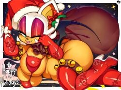 2021 anthro bat bat_girl bat_wings big_ass big_breasts breasts christmas female female_focus female_only furry gloves green_eyes krokobyaka long_boots long_gloves nipples one_eye_closed purple_eyeshadow red_bikini red_bikini_top rouge_the_bat santa_hat santa_sack sega shortstack sonic_(series) thick_thighs thighhigh_boots thighs voluptuous_female white_border white_hair