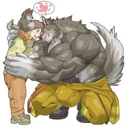 abs anthro arm_scar beard big_bulge big_muscles big_pecs blush brown_hair bulge canid canine canis carrying chan_kiti_chan_(artist) clothed clothing embrace face_to_face facial_hair facial_scar family father_(lore) father_and_child_(lore) father_and_son_(lore) firefighter firefighter_uniform fur grey_body grey_fur group hair hi_res holding_partner hug huge_muscles human human_on_anthro interspecies intimate larger_anthro larger_male male male/male mammal mostly_nude multicolored_body multicolored_fur muscular muscular_anthro muscular_male parent_(lore) parent_and_child_(lore) parent_and_son_(lore) pecs piggyback pubes romantic romantic_couple scar size_difference smaller_human smaller_male son_(lore) topless topless_male uniform unzipped_bodysuit white_body white_fur wolf