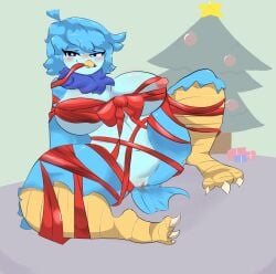 beak belly_button big_breasts birbmabe bird bird_girl blue_bird blue_eyes blush breasts christmas christmas_tree large_breasts martlet_(undertale_yellow) present shiny_skin tagme thick_thighs thighs undertale undertale_(series) undertale_yellow wet wet_pussy wrapped wrapped_up