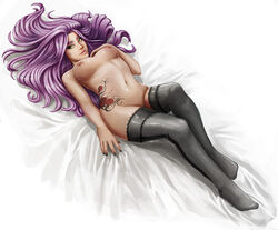 black_legwear breasts dutch_angle female figgylicious green_eyes hand_on_own_chest lace-trimmed_thighhighs long_hair looking_away lying nail_polish navel nipples nude on_back original purple_hair smile solo tattoo thighhighs