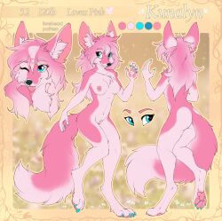 <3_eyes 2018 anthro blue_eyes breasts canid canine female fennec fluffy fluffy_tail fox fur genitals hair heart hi_res hioshiru kunalyn mammal model_sheet one_eye_closed pawpads pink_body pink_fur pink_hair pussy solo tail tongue tongue_out vulpin wink