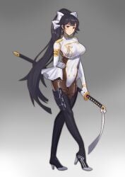 arm_behind_back azur_lane bad_id bad_pixiv_id black_hair black_thighhighs blush boots bow breasts brown_eyes cameltoe closed_mouth collarbone commentary_request covered_navel covered_nipples crossed_legs elise_(xu_guoqing) female full_body gloves gradient hairbow holding holding_sword holding_weapon katana large_breasts leotard long_hair looking_at_viewer ponytail solo stomach sword taimanin_(series) taimanin_suit takao_(azur_lane) thigh_boots thighhighs very_long_hair weapon white_bow