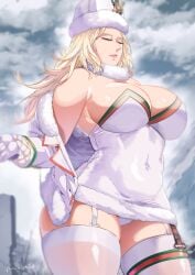 1girls big_breasts blonde_hair breasts cleavage closed_eyes clothing coat female female_only fur_coat garter_straps goddess_of_victory:_nikke hair huge_breasts legwear lips long_hair ludmilla_(nikke) panties ryopie solo solo_female thick_thighs thighhighs thighs white_panties white_thighhighs