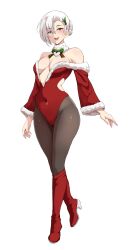 1girls bare_shoulders blue_eyes boots breasts center_opening christmas covered_navel female female_only full_body high_heels lainart large_breasts legs leotard long_sleeves looking_at_viewer open_mouth pantyhose rwby short_hair shoulders smile solo standing white_hair winter_schnee