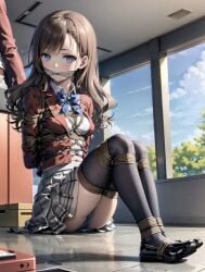 ai_generated arms_tied arms_tied_behind_back blue_eyes blue_ribbon bondage brown_hair classroom_of_the_elite exposed_panties feet_tied feet_together female gagged legs_tied legs_tied_together looking_at_viewer matsushita_chiaki red_blazer schoolgirl sitting_on_floor skirt solo_female solo_focus white_shirt youkoso_jitsuryoku_shijou_shugi_no_kyoushitsu_e