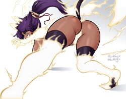 animal_hands animal_legs ass ass_focus ass_up bleach bleach:_the_thousand-year_blood_war cat_ears cat_tail dark-skinned_female dark_skin kemonomimi lightning lordguyis nekomimi ponytail purple_hair shihouin_yoruichi thick_thighs thighhighs thighs yellow_eyes