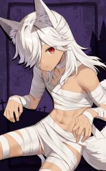 1boy alternate_costume animal_ears bandages chest_sarashi cyno_(genshin_impact) dark-skinned_male dark_skin fox_ears fox_tail genshin_impact hair_over_one_eye halloween halloween_costume highres iroiro_0w0 long_hair looking_at_viewer male_focus male_only mummy_costume navel red_eyes sarashi solo stomach tail white_hair white_tail